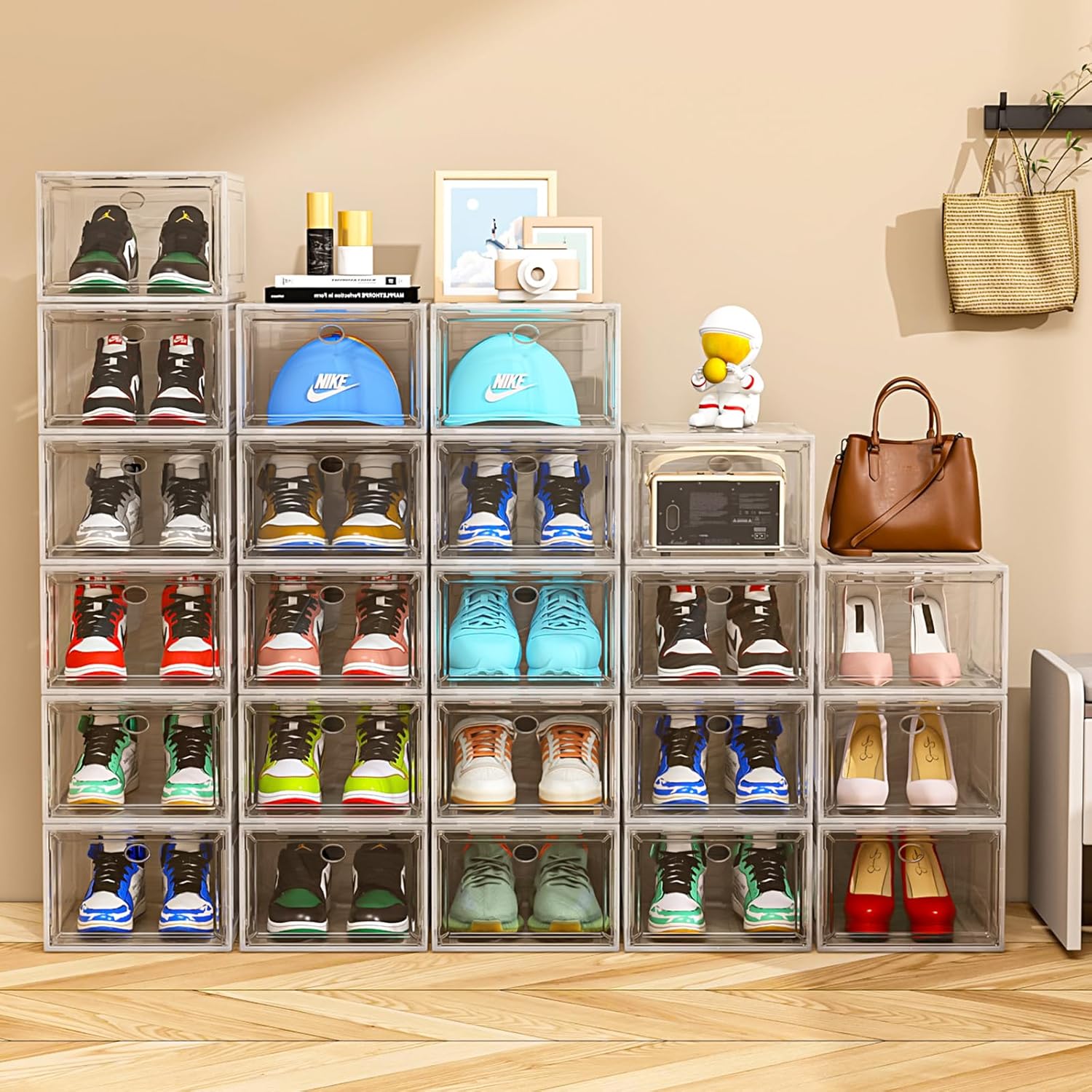 Clear Shoe Storage Box, 1 Count Magnetic Door Shoe Organizer, Stackable Shoe Rack, Space Saving Shoe Storage Box for Home Living Room Bedroom, Clear Plastic Drawers