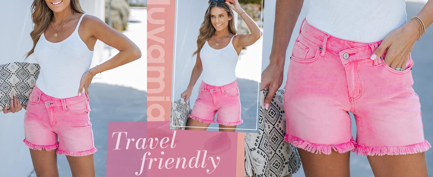 luvamia Jean Shorts for Women Low Waisted Trendy Stretchy Crossover Waist Denim Shorts Raw Hem Casual Summer Pockets nice  jeans Blue Clothes Womenswear Bottom jorts jean shorts