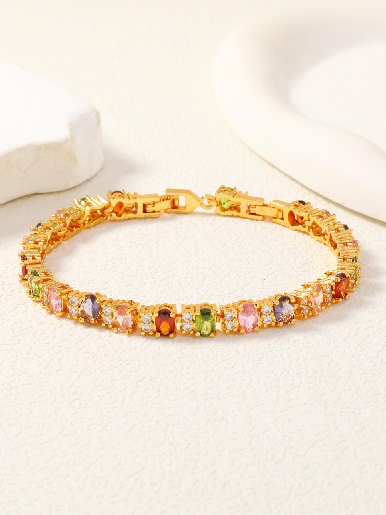 Luxury Rainbow Gemstone Bracelet, Copper Material Jewelry, Elegant Design Accessory for Women & Girls, Perfect Gift Idea