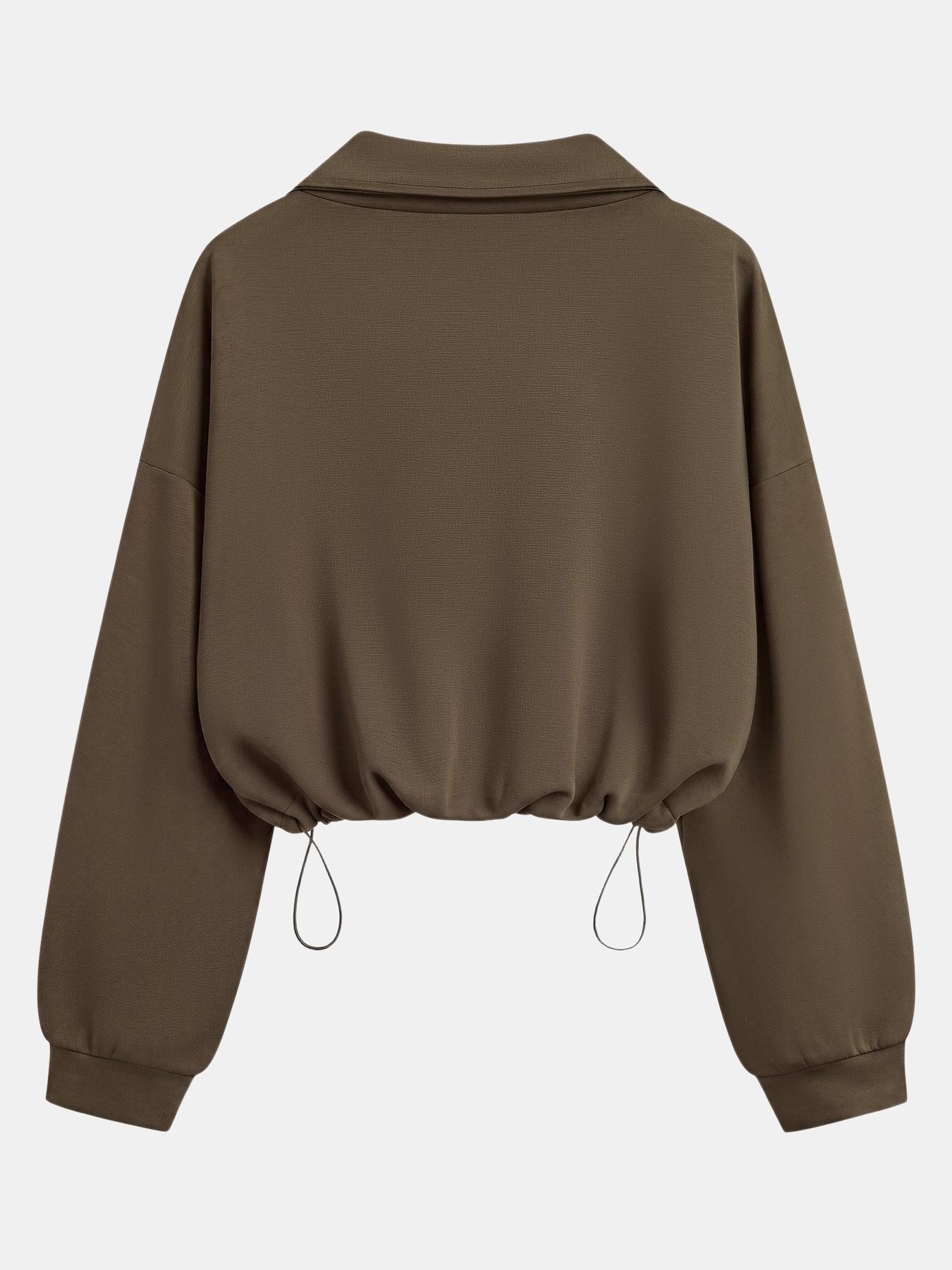 Women's Half-Zip Stand Collar Drawstring Adjustable Short Sweatshirt, Spring & Fall Casual Fashion, Comfortable and Stylish