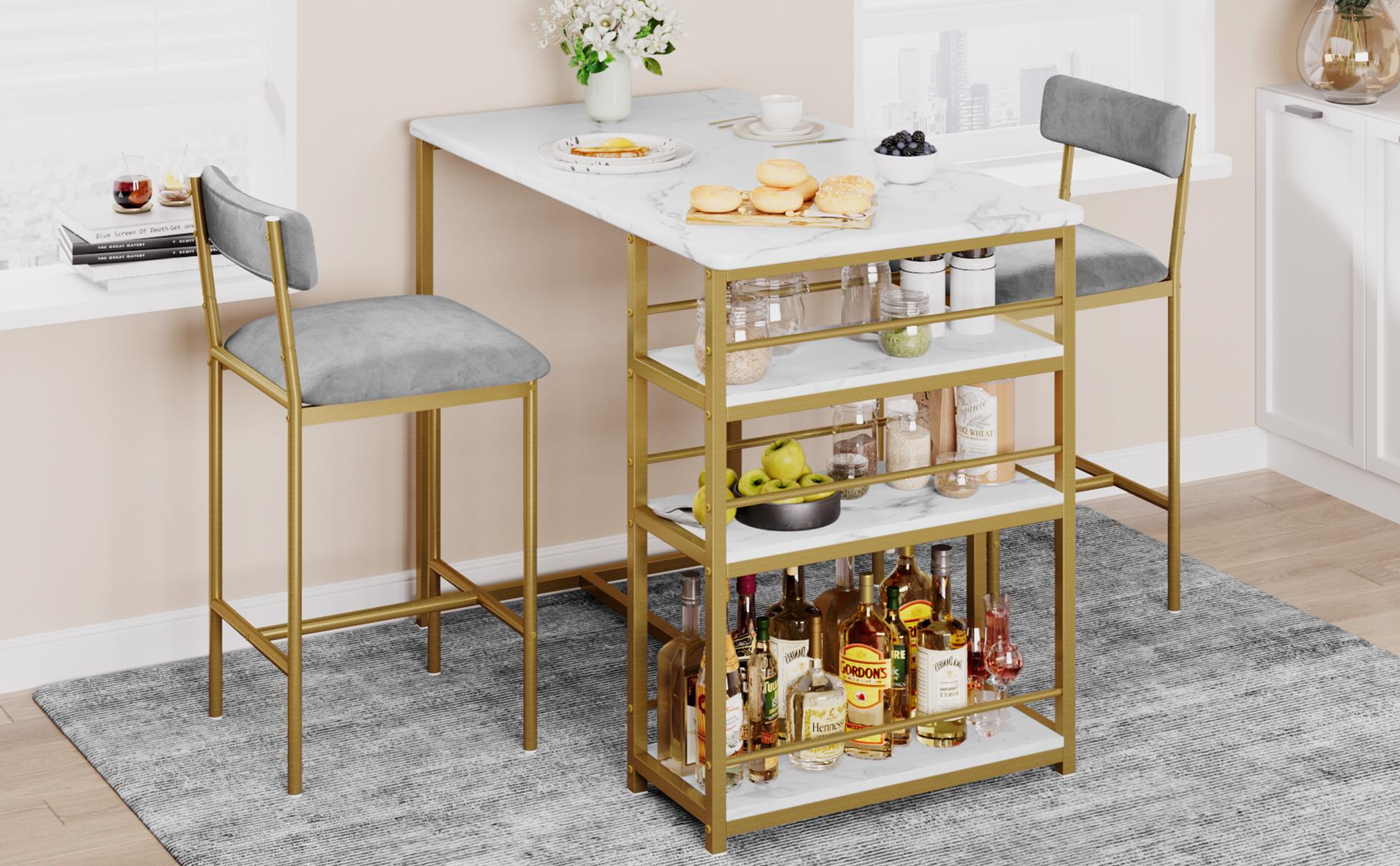Garvee 3-Piece Dining Table Set for 2 with Upholstered Velvet Gray Chairs and Gold White Counter Height Table Featuring 3 Storage Shelves, Ideal for Small Spaces and Apartments
