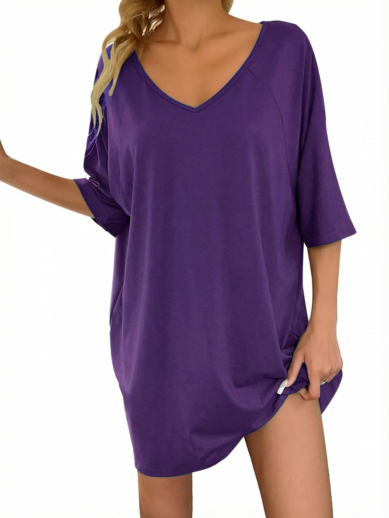 2026 Women's Sleepshirt Deep V Neck Nightgown Batwing Nightshirt Oversized Sleepwear