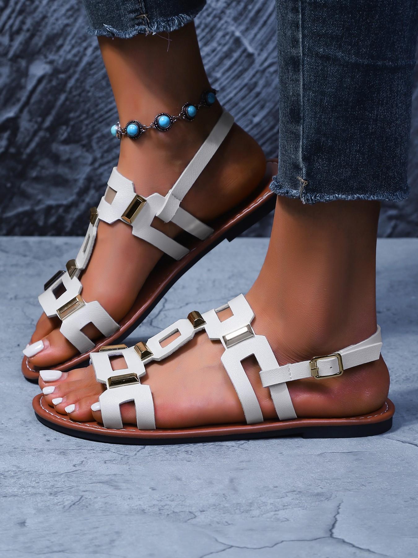 Women's Spring Summer Square Buckle Flat Sandals Footwear, Fashion Casual Style, Perfect for Everyday Daily Wear and Outdoor Activities