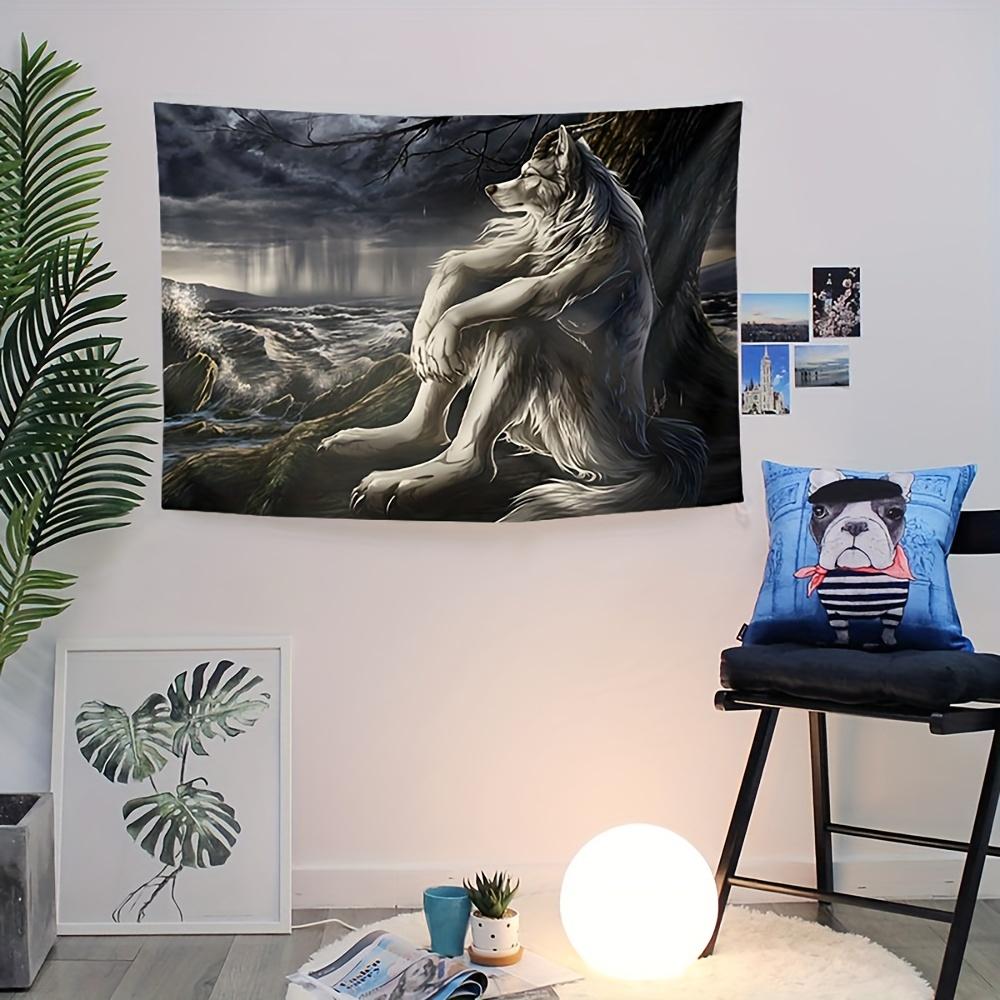 1 Piece, Interesting Alpha Coefficient Sigma Beta Wolf Tapestry, Interior Wall Hanging emo White Wolf Sitting Sad Tapestry Mural Decoration Home Decoration Tapestry
