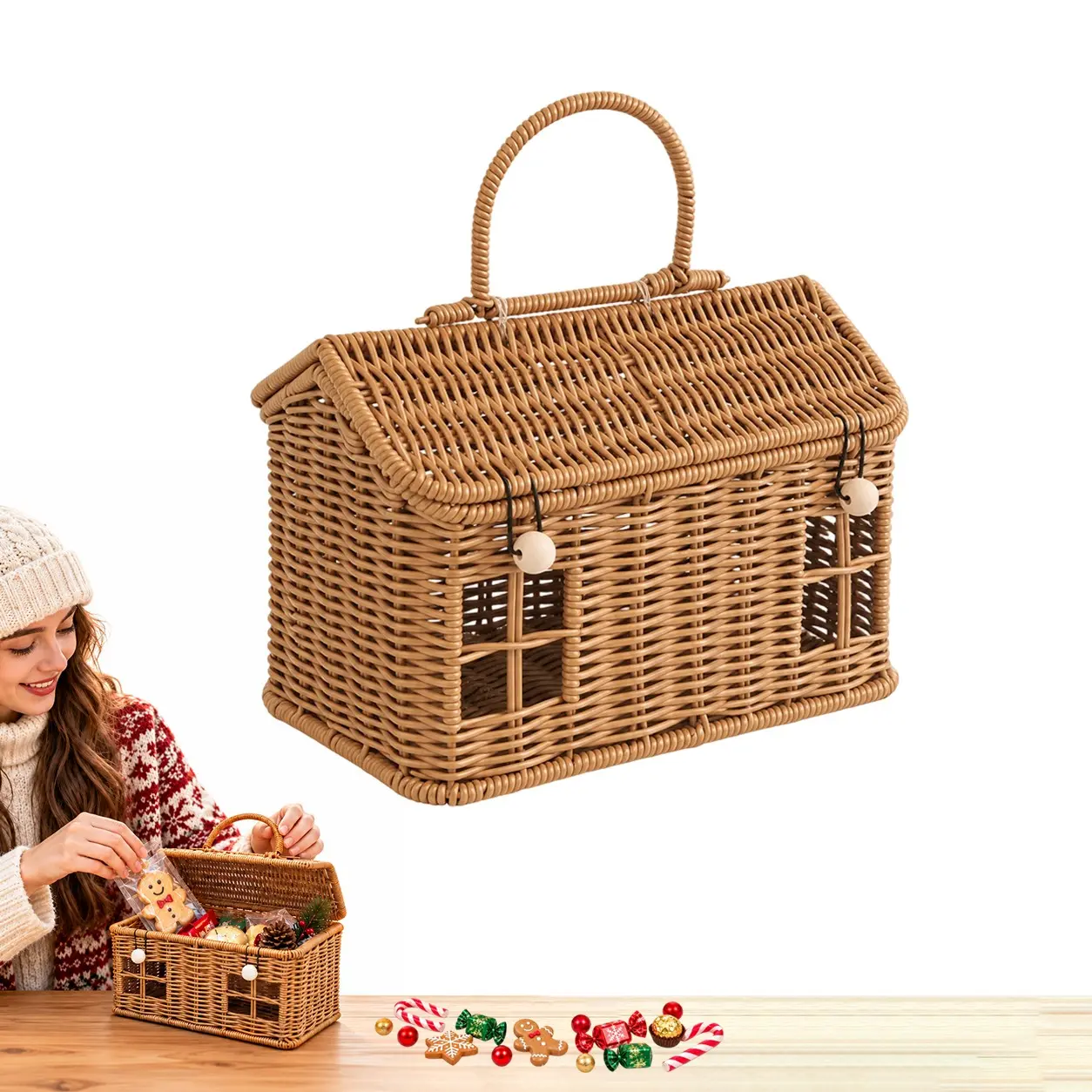 Cute House Rattan Woven Gift Basket with Lid, Festive Christmas Candy Storage Box, Handcrafted Toy Organizer, Holiday Decor Gift for Kids & Girls