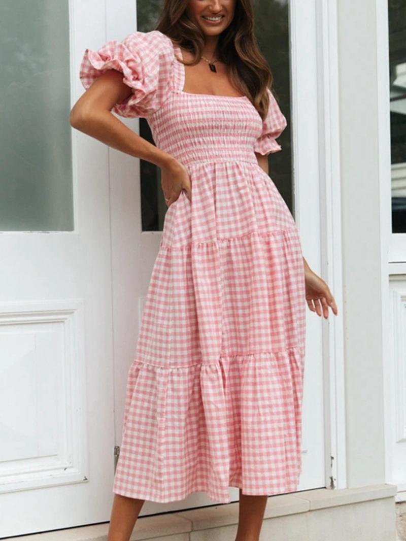Women's Gingham Print Bubble Sleeve Dress, Casual Short Sleeve Square Neck A Line Dress for Summer, Women's Clothing for Daily Wear