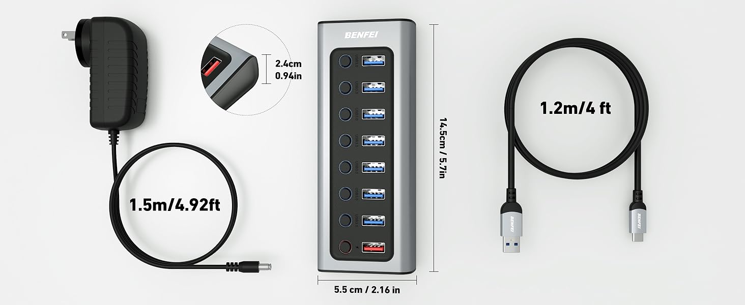 BENFEI Powered USB Hub with 7 Data Transfer Ports+1 Smart Charging Port USB Splitter Individual LED On/Off Switches BENFEI Powered USB Hub with 7 Data Transfer Ports+1 Smart Charging Port USB Splitter Individual LED On/Off Switches