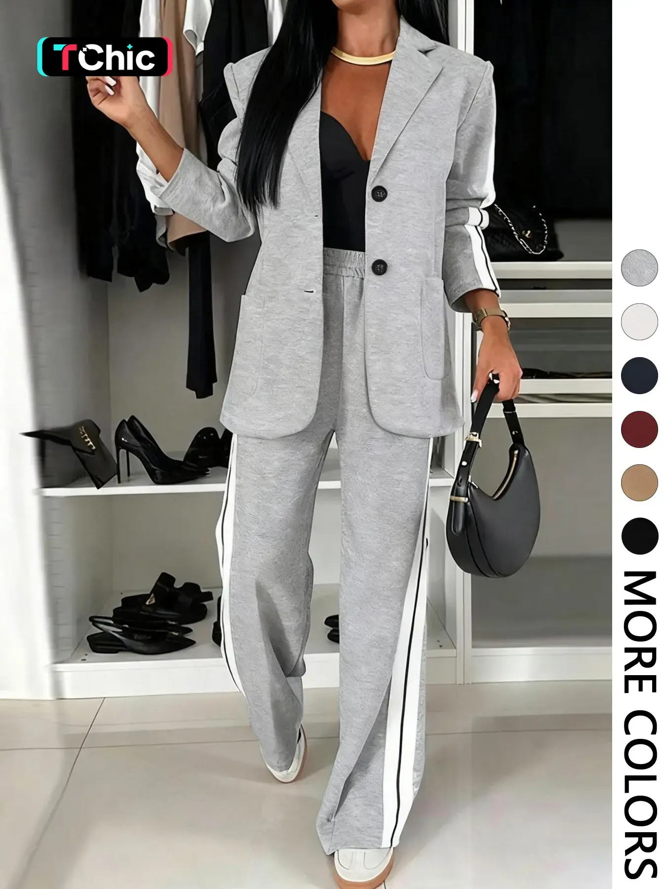 Women's Fall Winter Suit Long Sleeve Jacket + Wide Leg Striped Pants Set, Casual Daily Wear, Home Essential, Includes Pockets