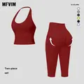 MFVIM Women’s 2-Piece Sports Wear Set - Halter V-Neck Tank Top, High-Waisted Thigh-Lifting Seamless Quick-Dry Gym Apparel, Second-Skin Feel Matching Set for Gym, Travel, 2 Piece Sets
