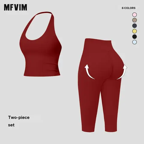 MFVIM Women’s 2-Piece Sports Wear Set - Halter V-Neck Tank Top, High-Waisted Thigh-Lifting Seamless Quick-Dry Gym Apparel, Second-Skin Feel Matching Set for Gym, Travel, 2 Piece Sets