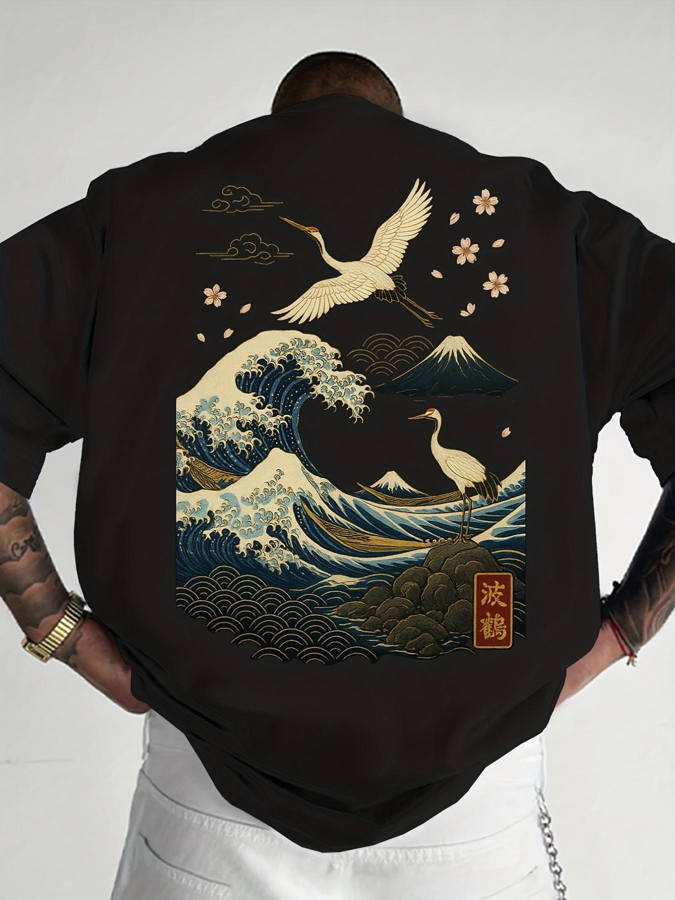 Men's Plus Size Loose Fit Round Neck Short Sleeve T-Shirt, Wave and Crane Print, Asymmetric Japanese Art Design, Beach Music Festival Daily Wear