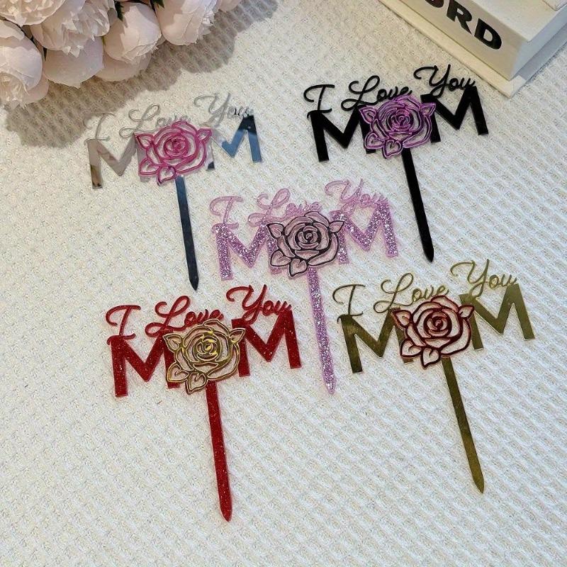 1pc Mother's Day Women's Day Acrylic Cake Topper with Roses, "I Love You Mom" Cake Decoration, Cake Decorating Supplies, Perfect for DIY Baking & Special Occasions, Wedding Cake Topper