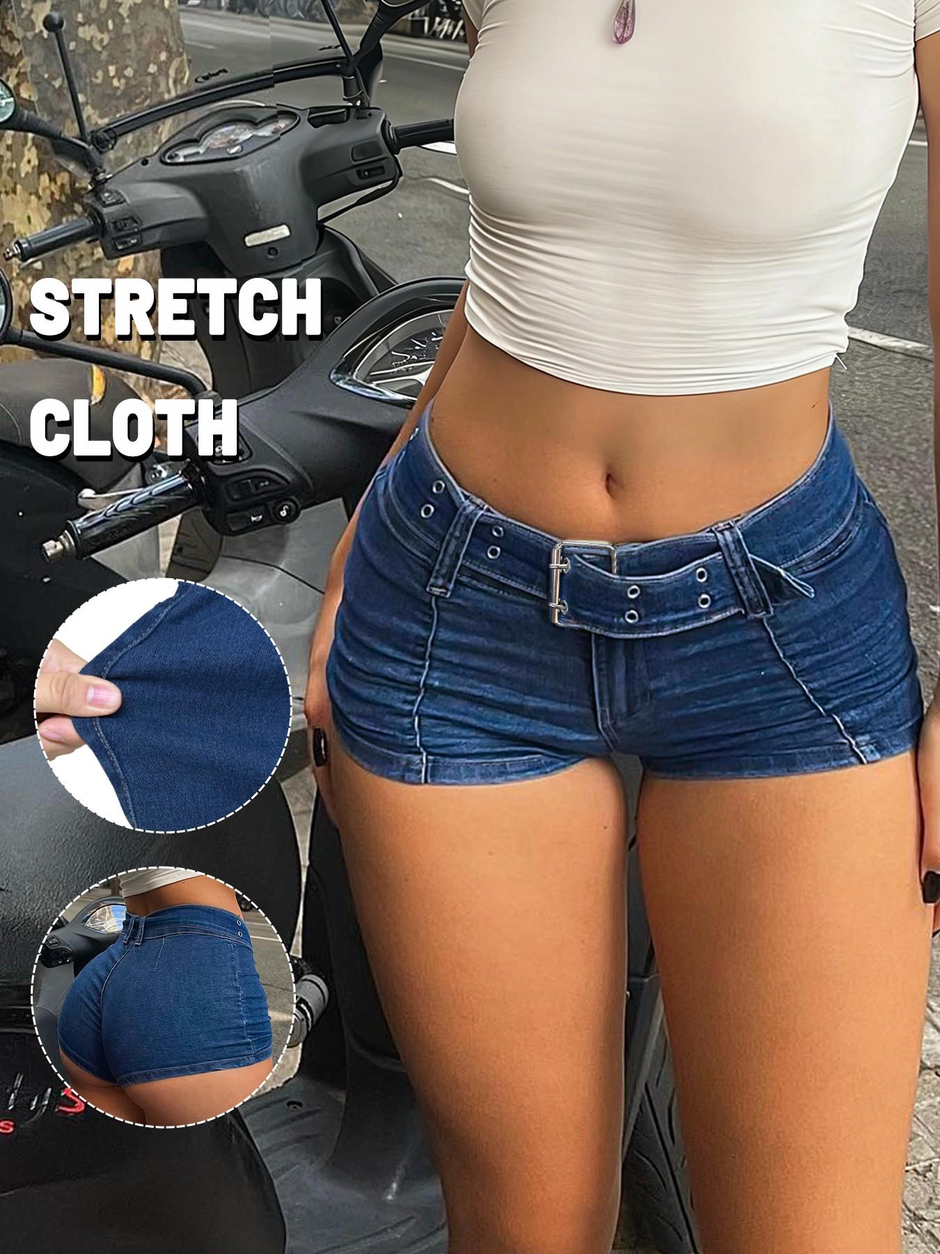 GILIPUR Women's Belted Slim Fit Denim Shorts, Low Waist Mini Pants, Medium Stretch Fabric, Summer Fashion, T-Chic Style