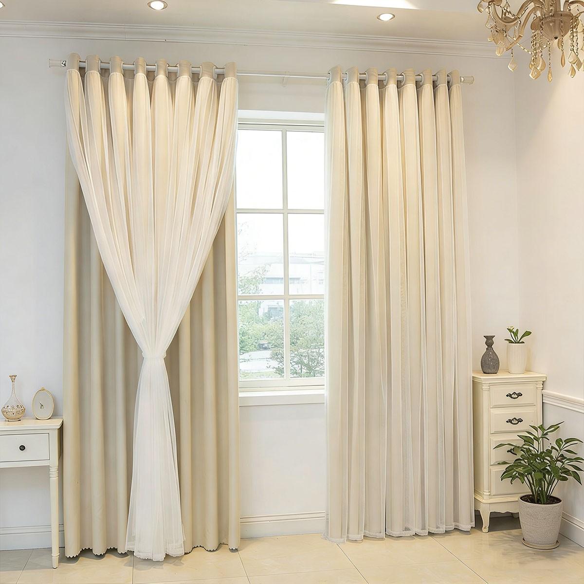 2pcs Wind Double Layer Sheer Curtain Set, Bedroom Girl Style Light Blocking Curtains, Living Room Balcony Soft Atmosphere Curtains