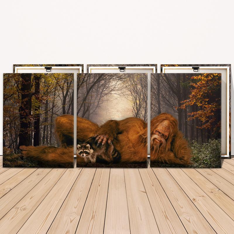 Wooden Framed Canvas Painting, 3 Counts/set Sasquatch & Animal & Tree Pattern Wall Art, Modern Wall Decor for Home Living Room Bedroom Office, Modern Home Decoration