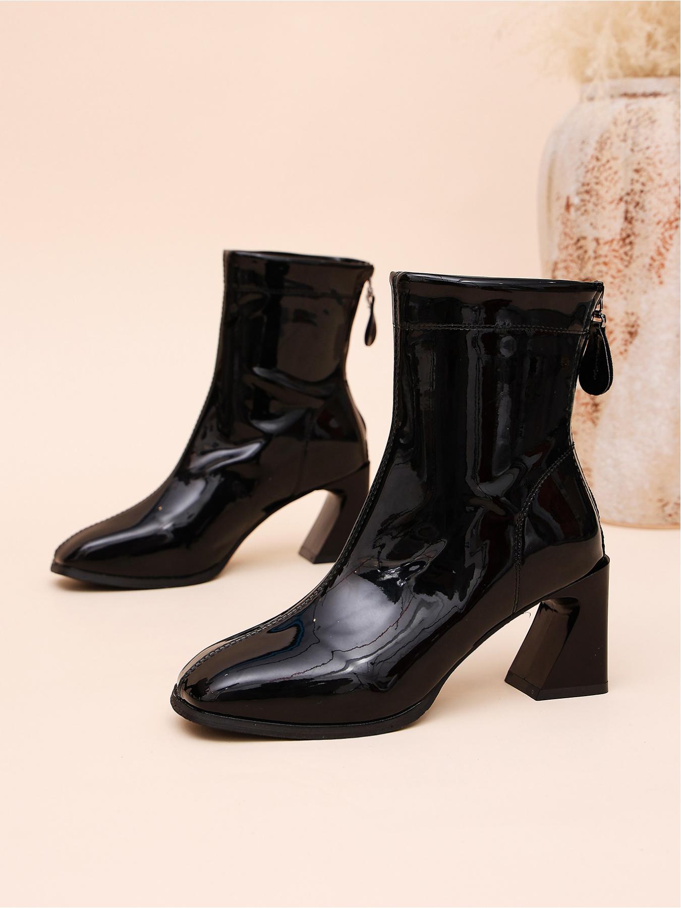 Women Gloss Patent Leather Ankle Booties Soft Stretch Shaft Round Toe Special Shaped Chunky Heel Back Zipper Slim Fit High Heel Short Boots For Night Club Party Outfit