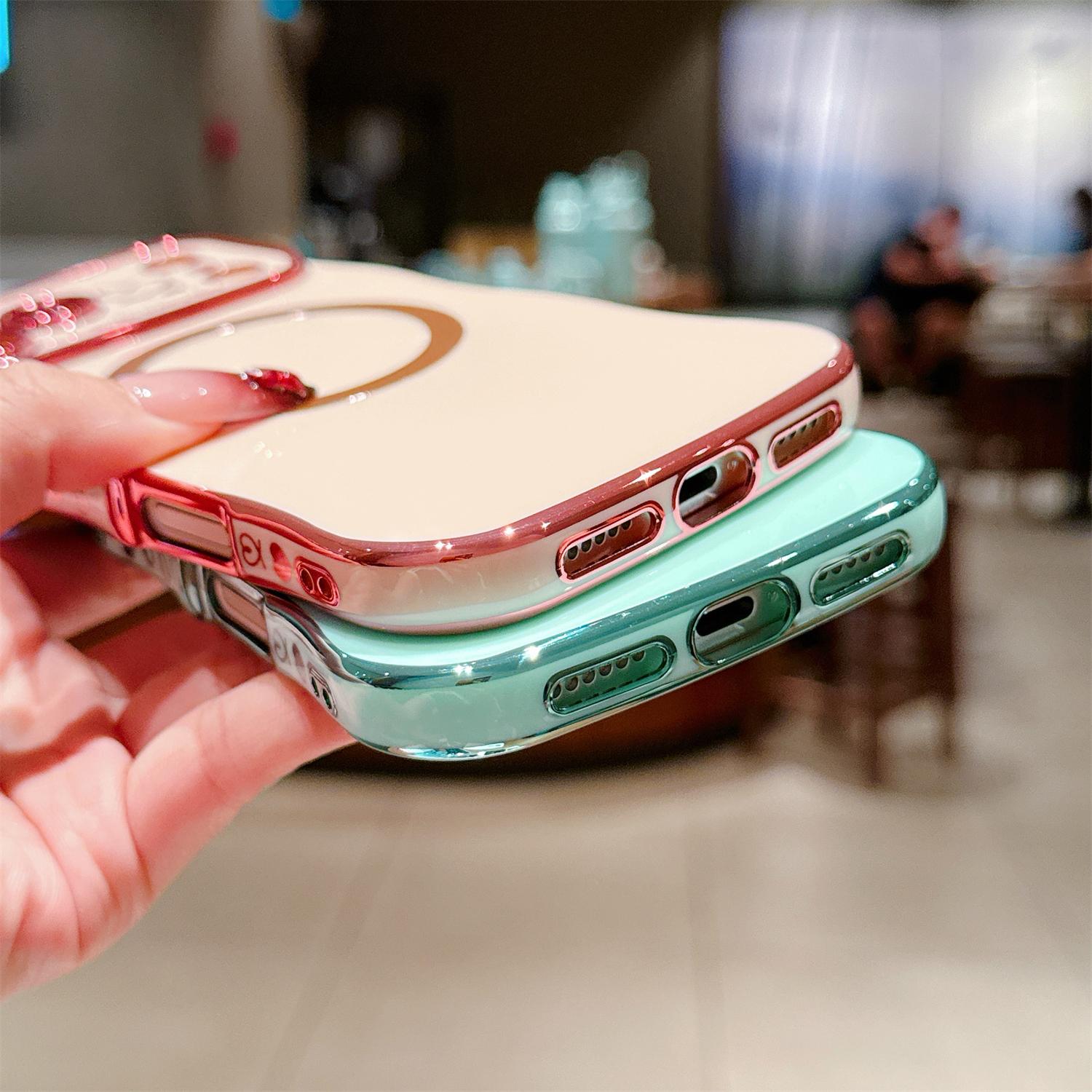 For iPhone 17 Pro Max 16 15 14 12 Case Magnetic,for Women Girls Soft Cute Wave Frame Curly Shape Love Heart Luxury Plating Phone Case Compatible with MagSafe Shockproof Back Cover