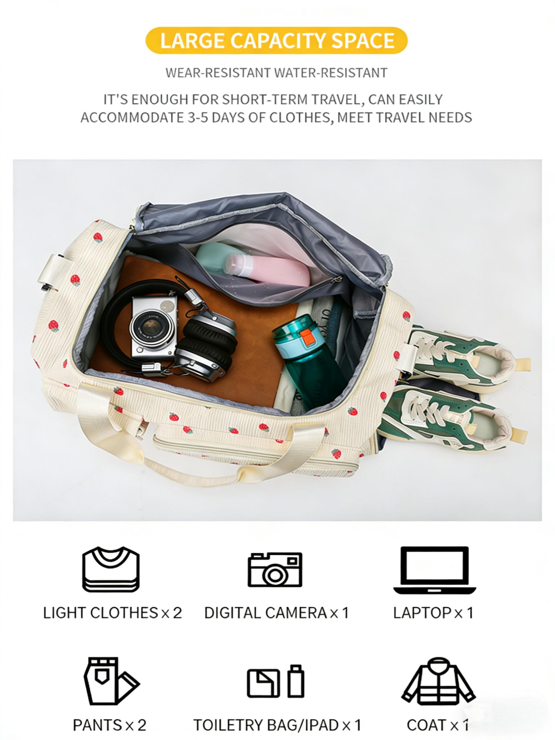 Strawberry Corduroy Handbag, Sweet Cute Style, Multi-Pocket Large Capacity, Crossbody Bag, Girl Short Trip Gym Commute Backpack