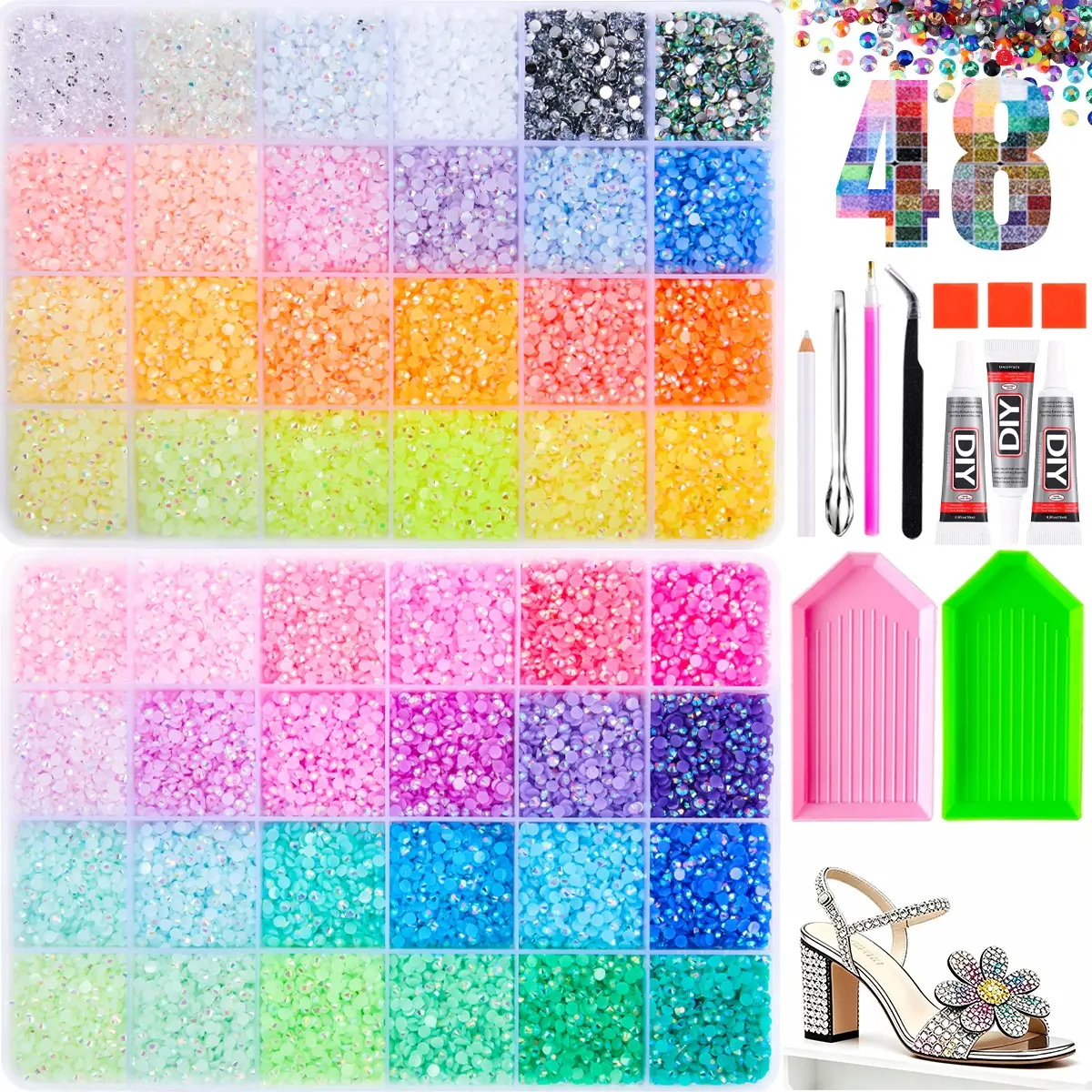 2Boxes of Candy Light Colors Series Shiny AB Crystal Gems Nail Diamond Art-3mm 48 Colors Jelly Semi-Circle Flat Bottomed Nail Rhinestone Bedazzling Kit for DIY Sweet Glam Nails Crafts Nail Decoration Kits