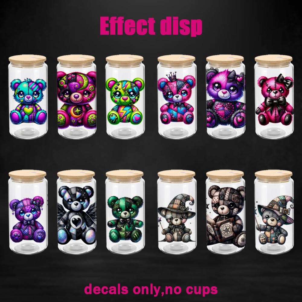8-Piece Set, 4 Designs X 2 Pieces, 16 Oz UV DTF Crafts Cup Stickers, Bear Pattern 3D Decals, Durable Mixed Color Transfer Material