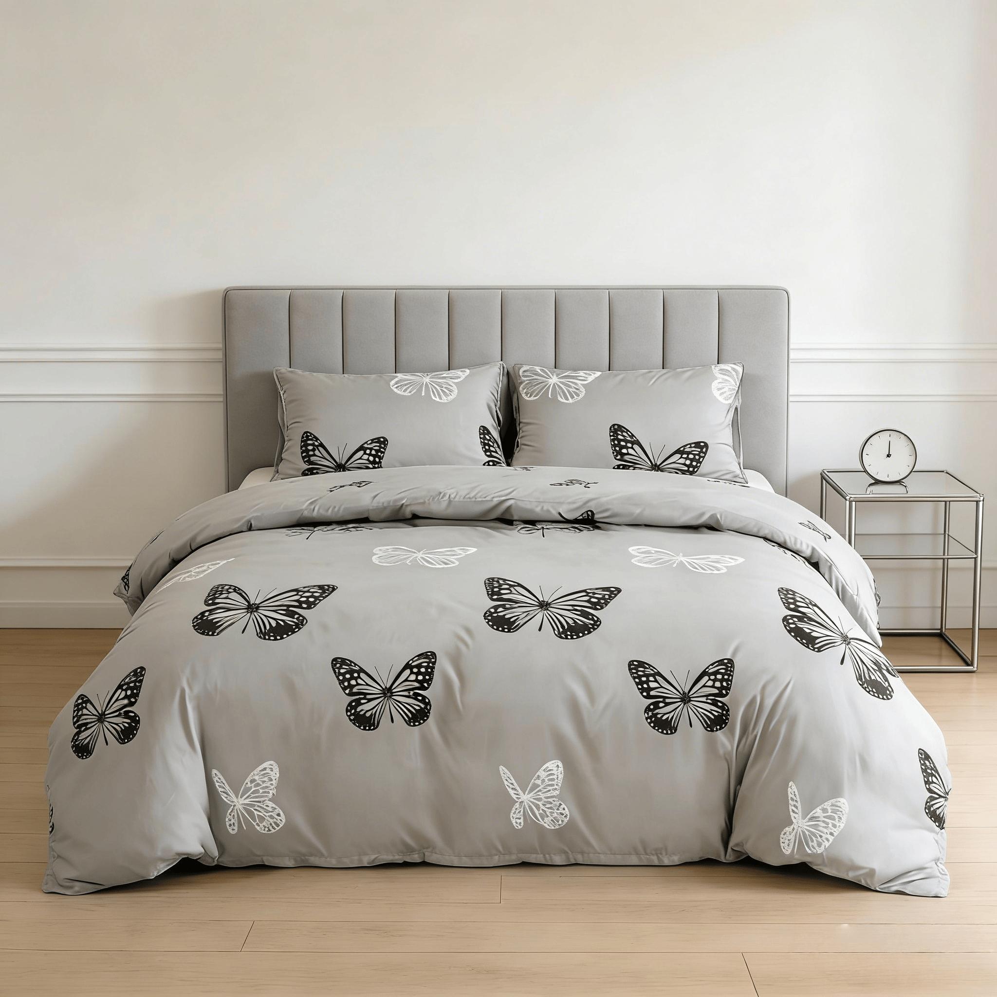 Black & Gray Butterfly Style, 3-Piece Duvet Cover Set, including 1 duvet cover + 2 pillowcases (without inserts). Stylish, elegant, light luxury and natural style, all-season bedding set.