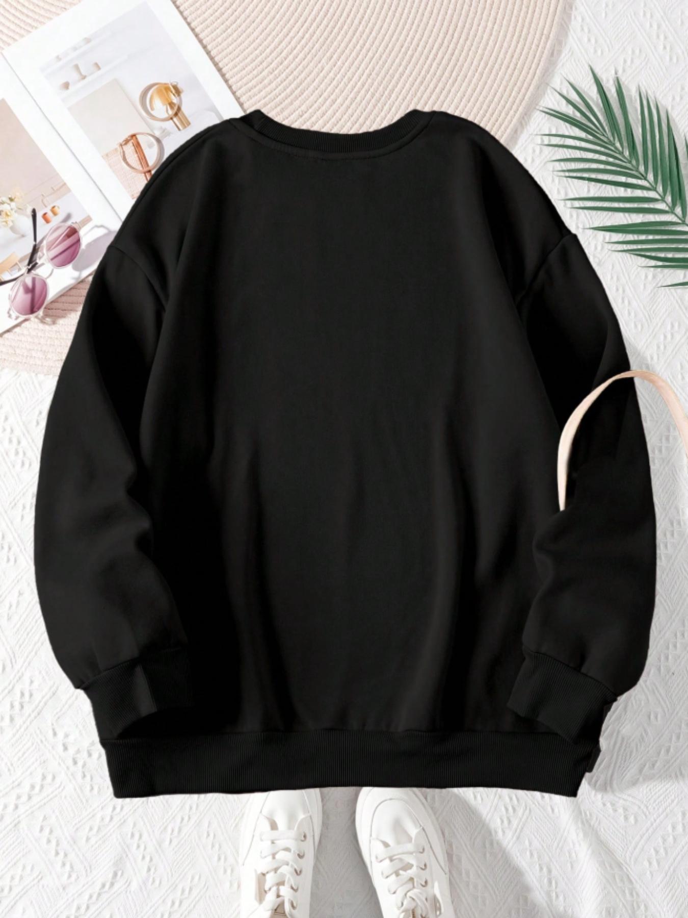 Plus Size Letter Print Women's Crew Neck Long Sleeve Sweatshirt, Casual Graphic Pullover for Fall & Winter, Moderate Fabric, Fitted Style Womenswear