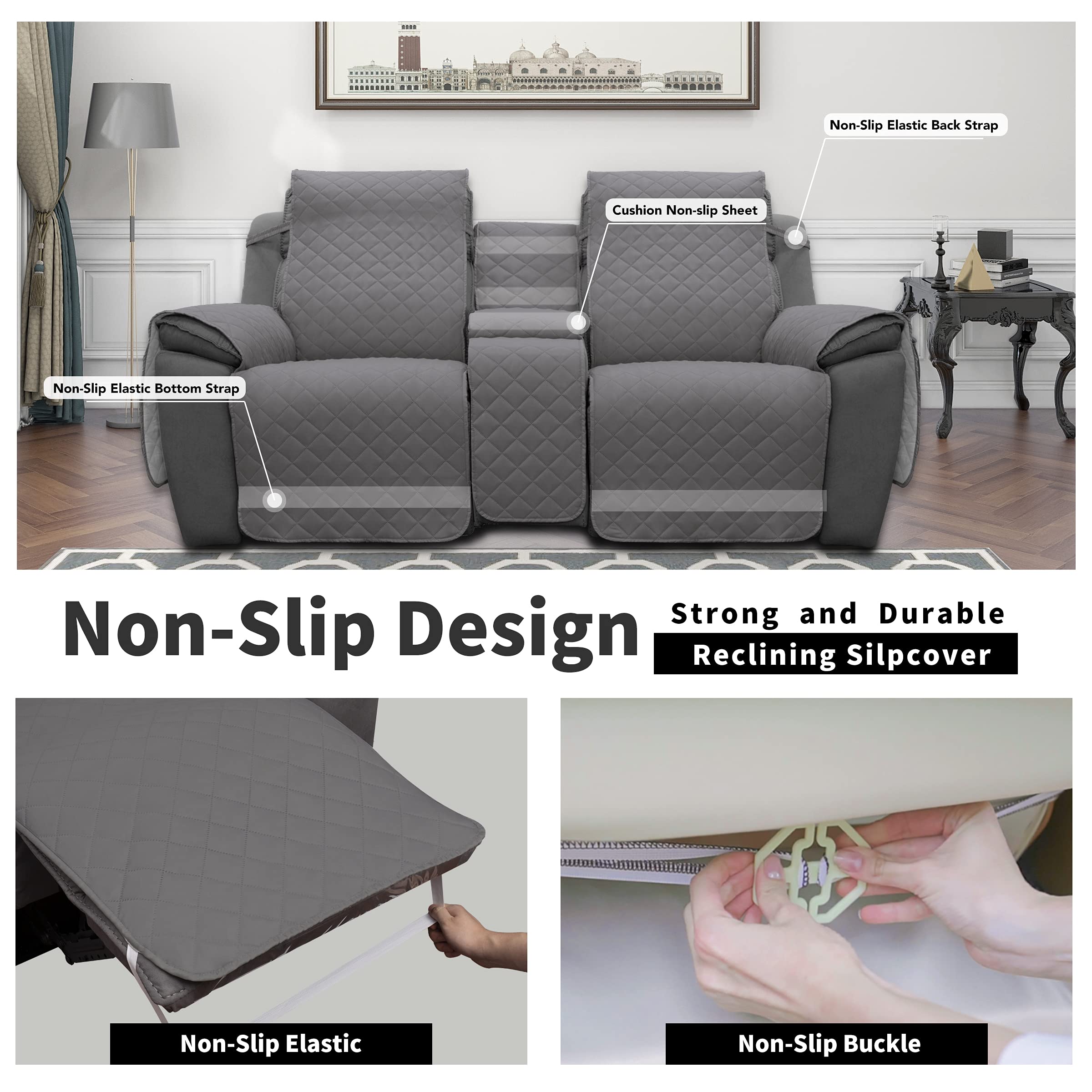 Easy-Going Recliner Cover with Console, Cover Only, Reversible Couch Cover for Living Room, Split Sofa Cover for Each Seat with Elastic Straps for Kids, Dogs, Pets