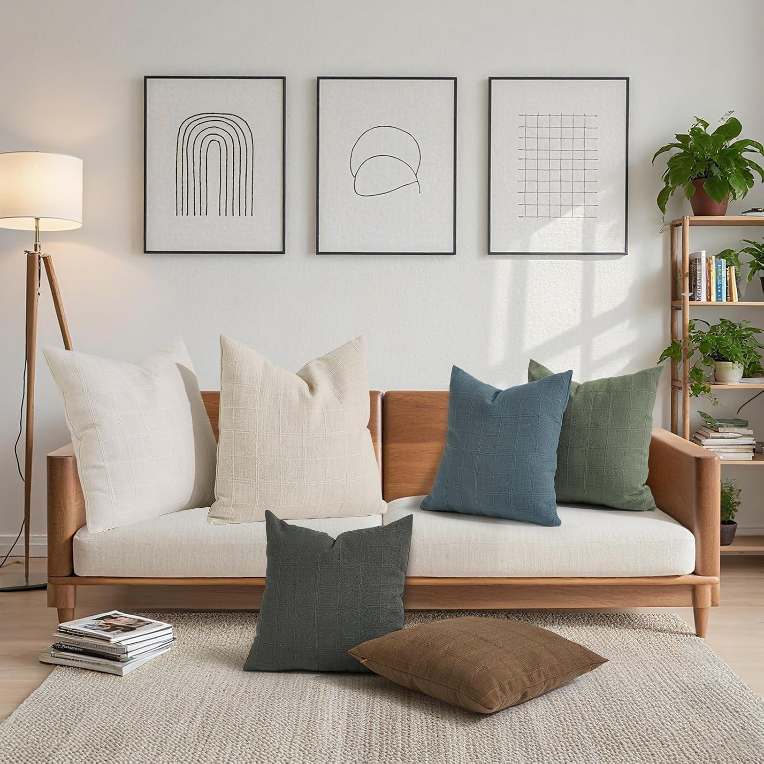 2Pcs Throw Pillow Covers Plaid Neutral Farmhouse Vintage Decorative Pillow Cover 45x45cm Square Boho Modern Pillowcase for Sofa Couch Living Room