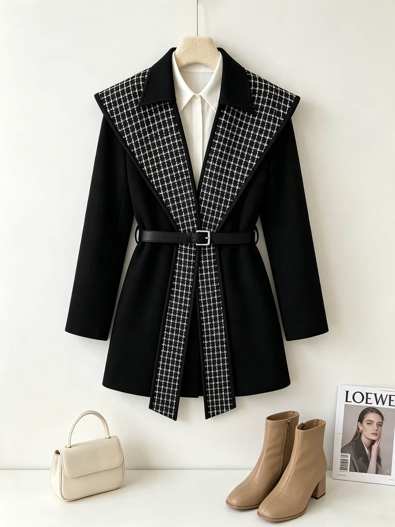 A stylish black women's coat with waist-cinching design, belt, and lapel, suitable for autumn and winter, perfect for office wear, daily dates, and outdoor outfits