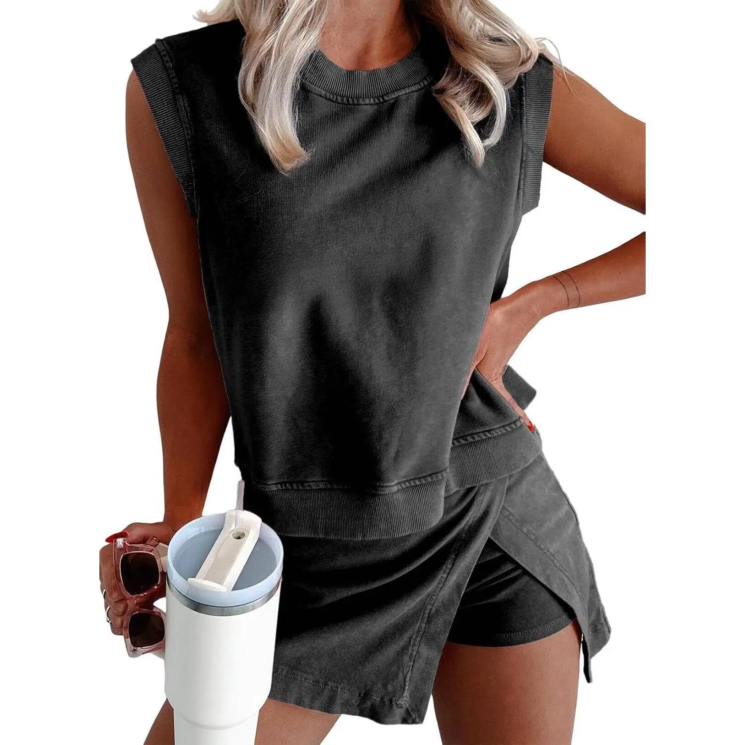 Women 2pc Mineral Wash Athletic Lounge Tank Skirt Set | Soft mineral wash cotton,Breathable.Relaxed lined split skirt.Ideal for travel,lounge,gym,workout casual daily wear