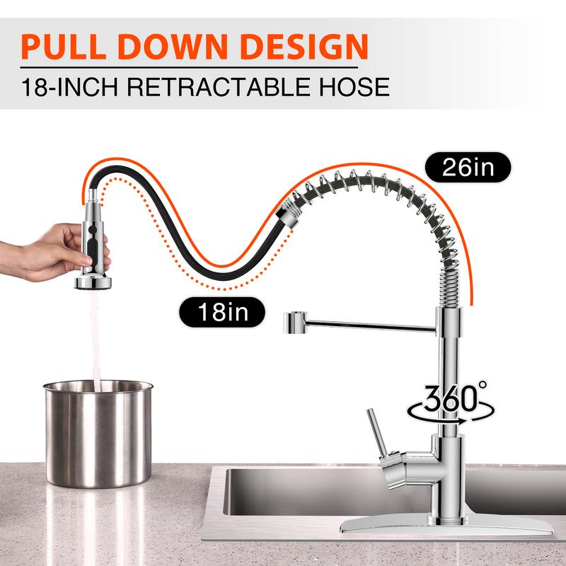 FORIOUS Kitchen Faucet with Pull Down Sprayer，Adjustable High Pressure Stainless Steel Single Handle Rotated Pull Out Kitchen Sink Faucets
