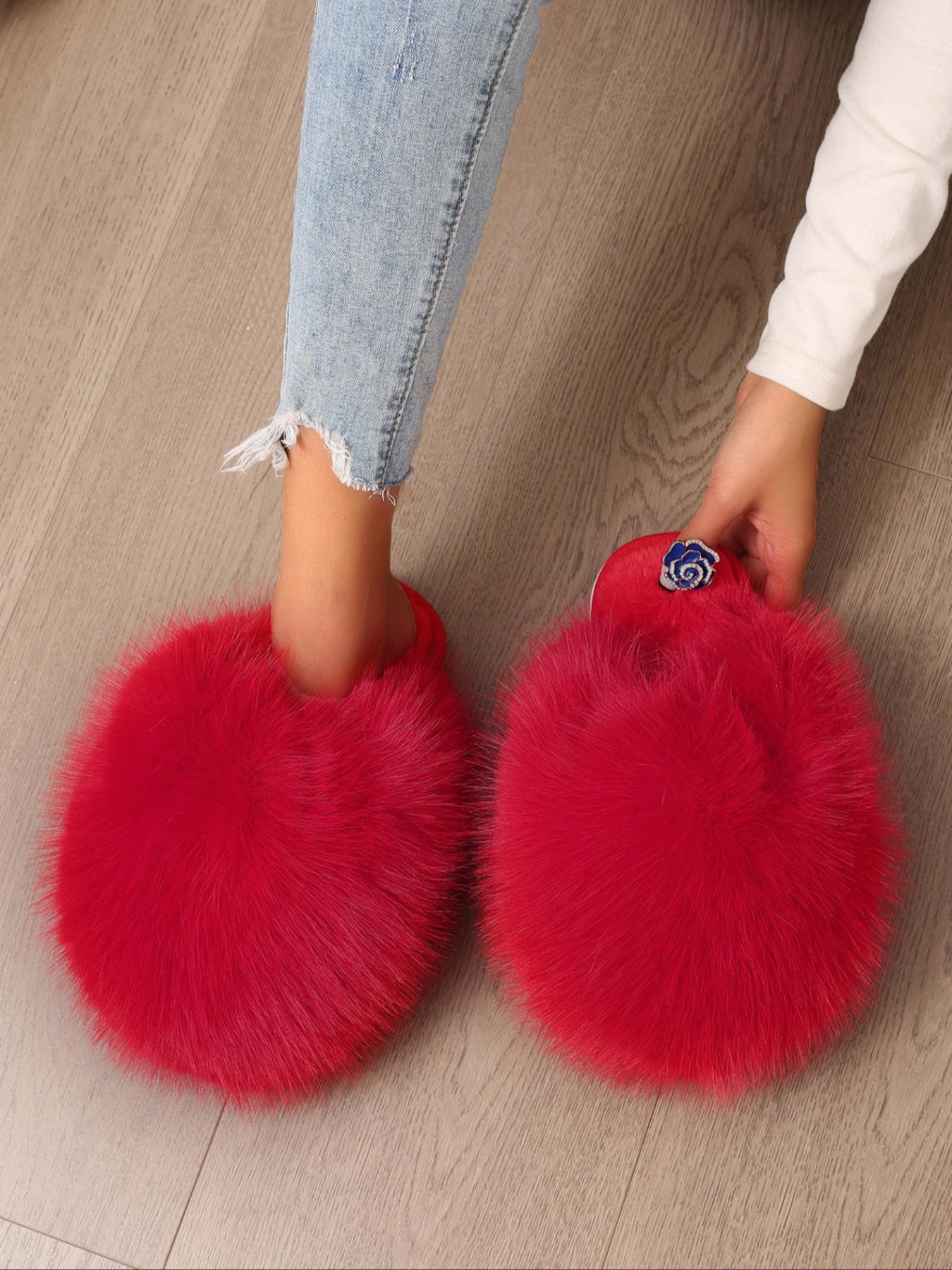 New Trendy Plush Fur Slippers, Super Cute Fashion Warm Home Shoes, Fuzzy Warm Slippers, Anti-Slip Thick Sole Cat-Feeling Cotton Slippers, Girls' Gift