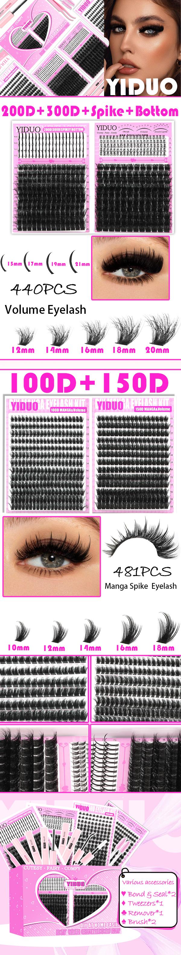 6 Styles Lash Clusters Lashes Kit 100D/150D/200D/300D/Spiky/Bottom Lashes Clusters Kit 5-21mm Cluster Eyelash Extension Kit 921 Pcs D-Curl With Lash Bond and Seal*2, Lash Remover，Lash Tweezers,Eyelash Brush DIY at Home Easily Eyelashes Extension Kit