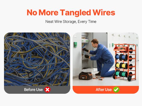 VEVOR Wire Spool Rack, 11 Rods, Multi-Spool Wire Rack Dispenser, Cable Caddy with Wheels, Cable Holder with Storage Tray for Wiring Storage, for Electrical, Industrial Retail Use, Working Efficiency