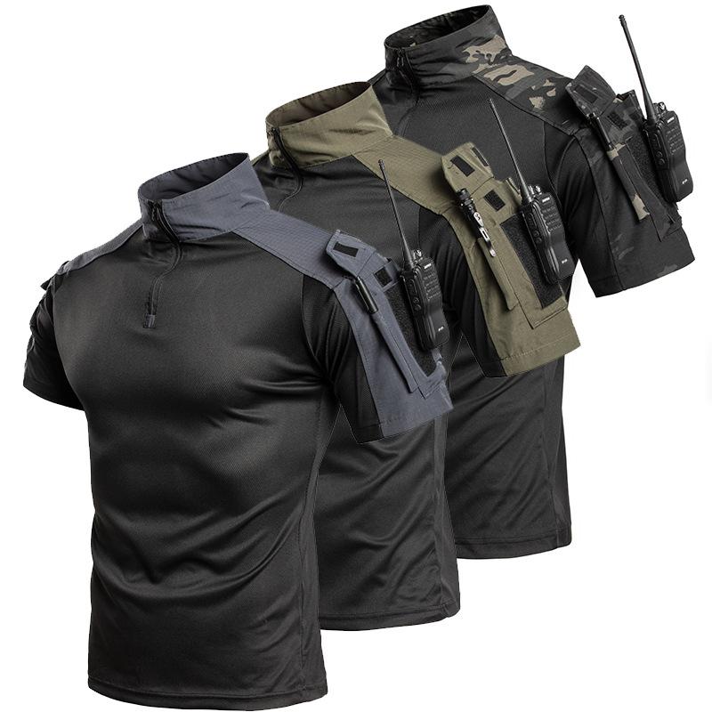 Men's Tactical Short Sleeve T-Shirt, 1/4 Zip Combat Shirt with Arm Pockets, Breathable Quick Dry Military Top for Hiking, Hunting & Outdoor