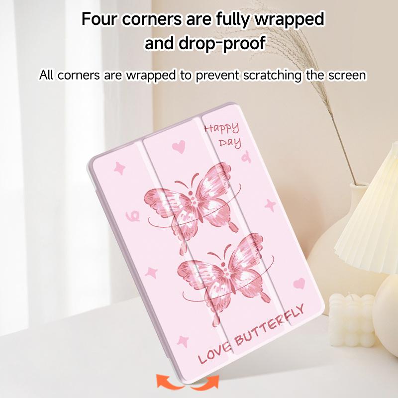 Pink Base Butterfly Tri-Fold iPad Case, double-sided print, built-in pencil slot, adjustable kickstand, auto sleep/wake function, Compatible with iPad 10th/11th Gen, iPad A16, iPad Air 11"/13", iPad Pro 11", iPad 2025 and Galaxy Tab S9 FE+ 12.4''series
