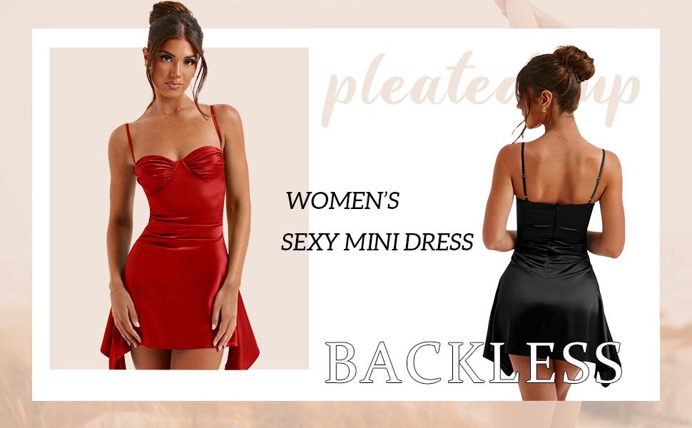 OYV Women's Satin Sleeveless Spaghetti Strap Ruched Sexy Mini Club Party Dress