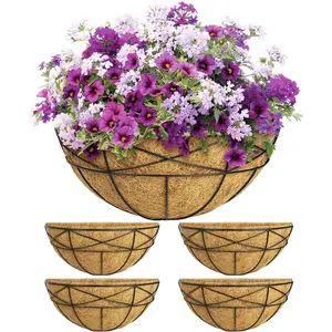 4 Pack 14 Inch Window Boxes Planters Railing Planter Box with Coco Liners Deck Railing Planter Boxes Balcony Hanging Flower Box Wall Mounted Half Round for Outdoor Plants Garden Decor