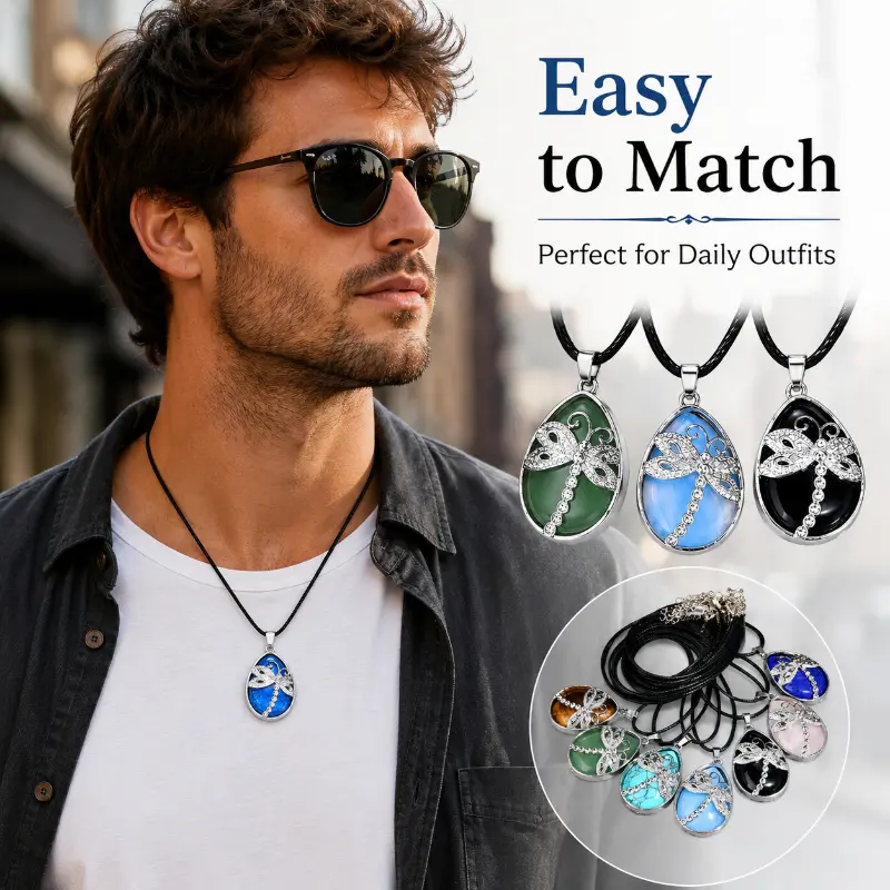 Men's 8-Piece Random Multi-Color Dragonfly Teardrop Pendant Necklaces, Unisex Long Wood Rope Chain Jewelry for Daily Casual Outfits