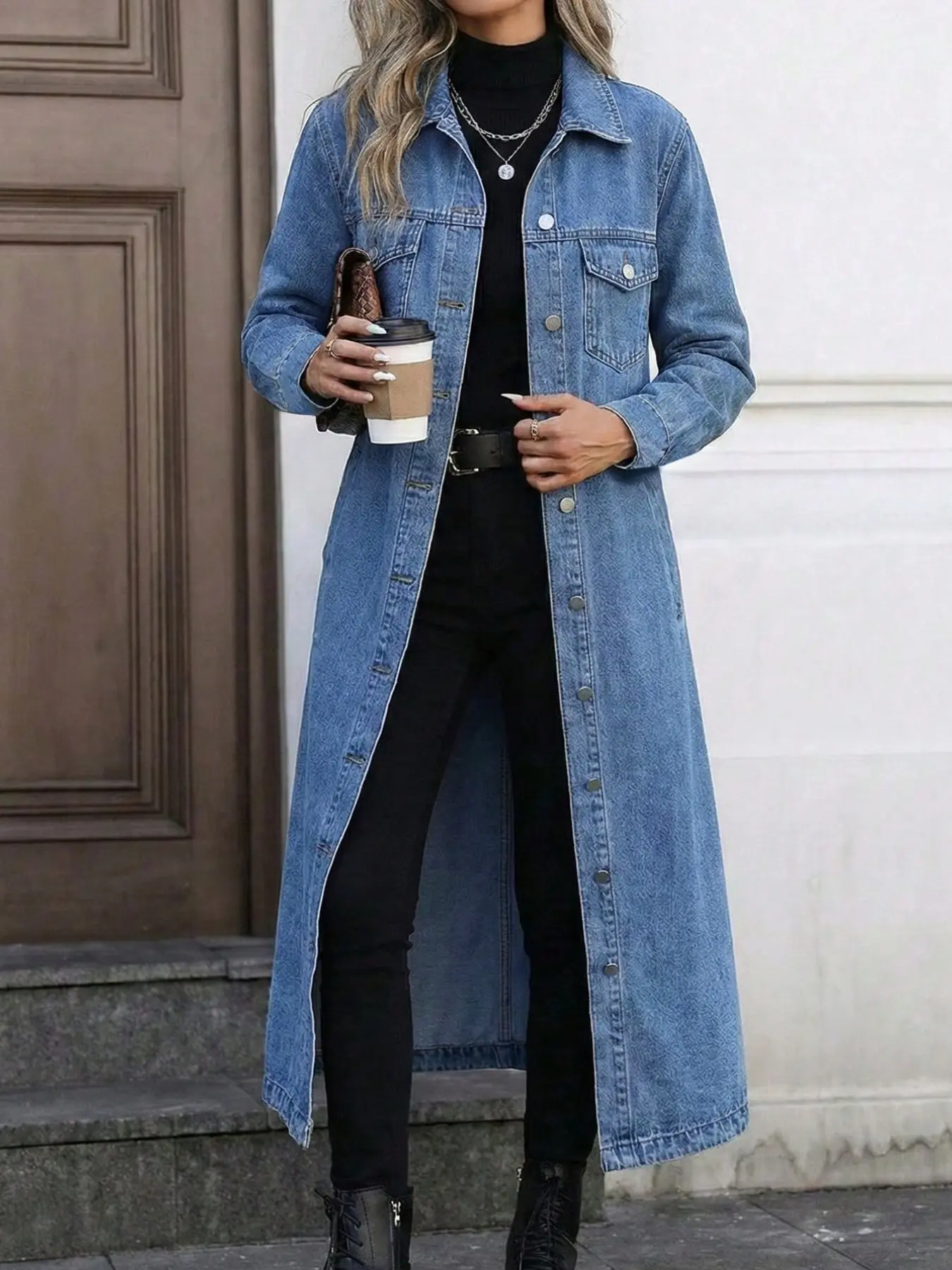 Women's Casual Solid Washed Long Denim Jean Jacket, Fashion Street Style Outerwear, Perfect for Commute and Daily Wear, Trendy and Versatile