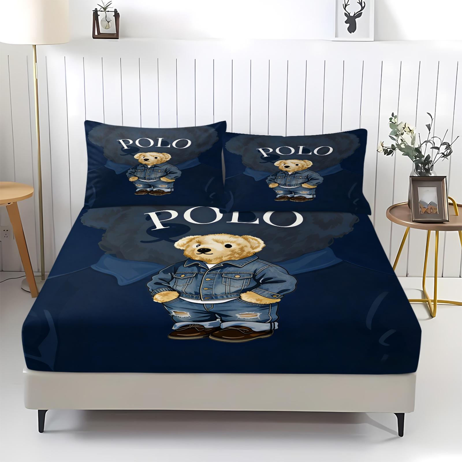Teddy Bear Pattern Bed Sheet, Comfortable Printed Pattern, Includes 1 Bed Sheet and 2 Pillowcases, Comfortable Bedding, Non slip Dust Cover Suitable for Bedroom and Guest Room, Suitable as a Gift for Children or Adults