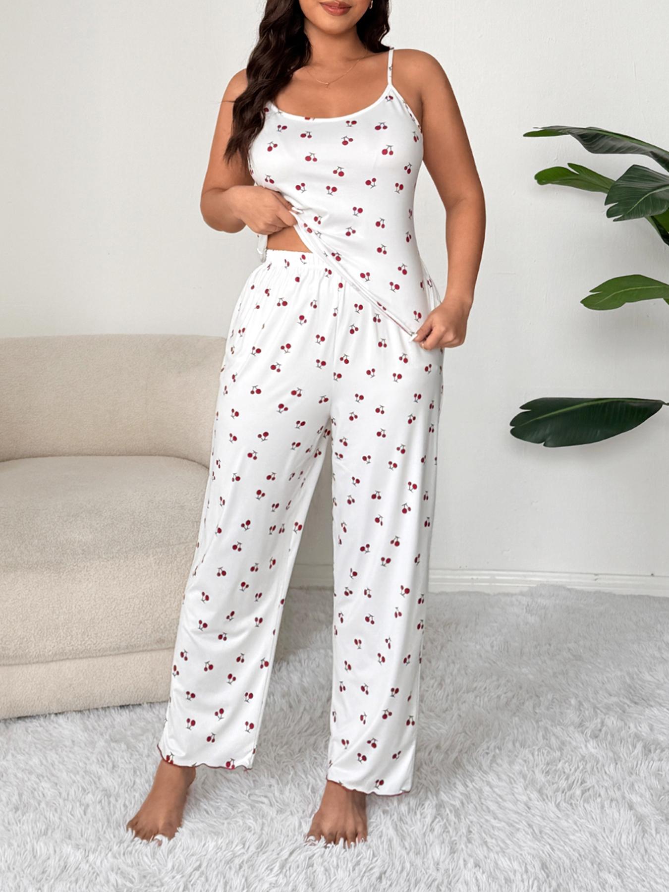 Plus Size Cherry Print Women's Sweet Comfortable Belted Robe & Sleeveless Long Pants & Cami Set, Three-Piece Pajama Sleepwear, Casual Home Wear Plus Size Cherry Print Women's Sweet Comfortable Belted Robe & Sleeveless Long Pants & Cami Set, Three-Piece Pajama Sleepwear, Casual Home Wear