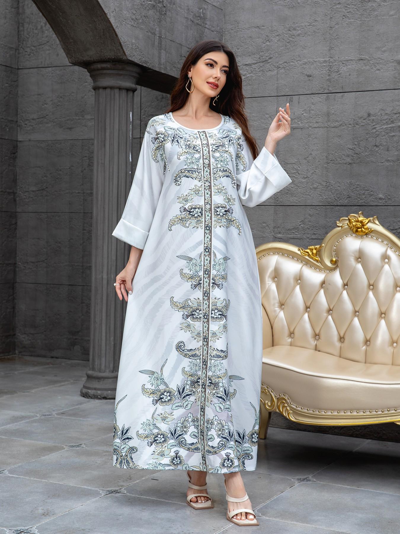 Elegant Muslim Women's Kaftan Dress, High-Density Rhinestone Embellished Print Long Robe, Cross-Border Fashionable Evening Gown