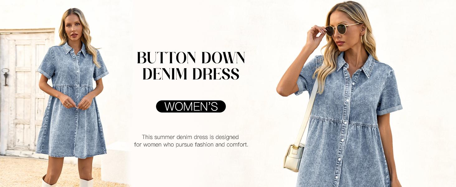 FMEYOA Womens Summer Denim Dress Button Down Short Sleeve Babydoll Dress Puff Sleeve Flowy Jean Dress