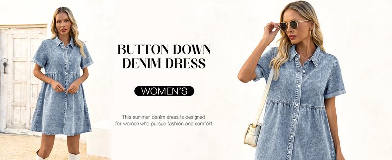FMEYOA Womens Summer Denim Dress Button Down Short Sleeve Babydoll Dress Puff Sleeve Flowy Jean Dress