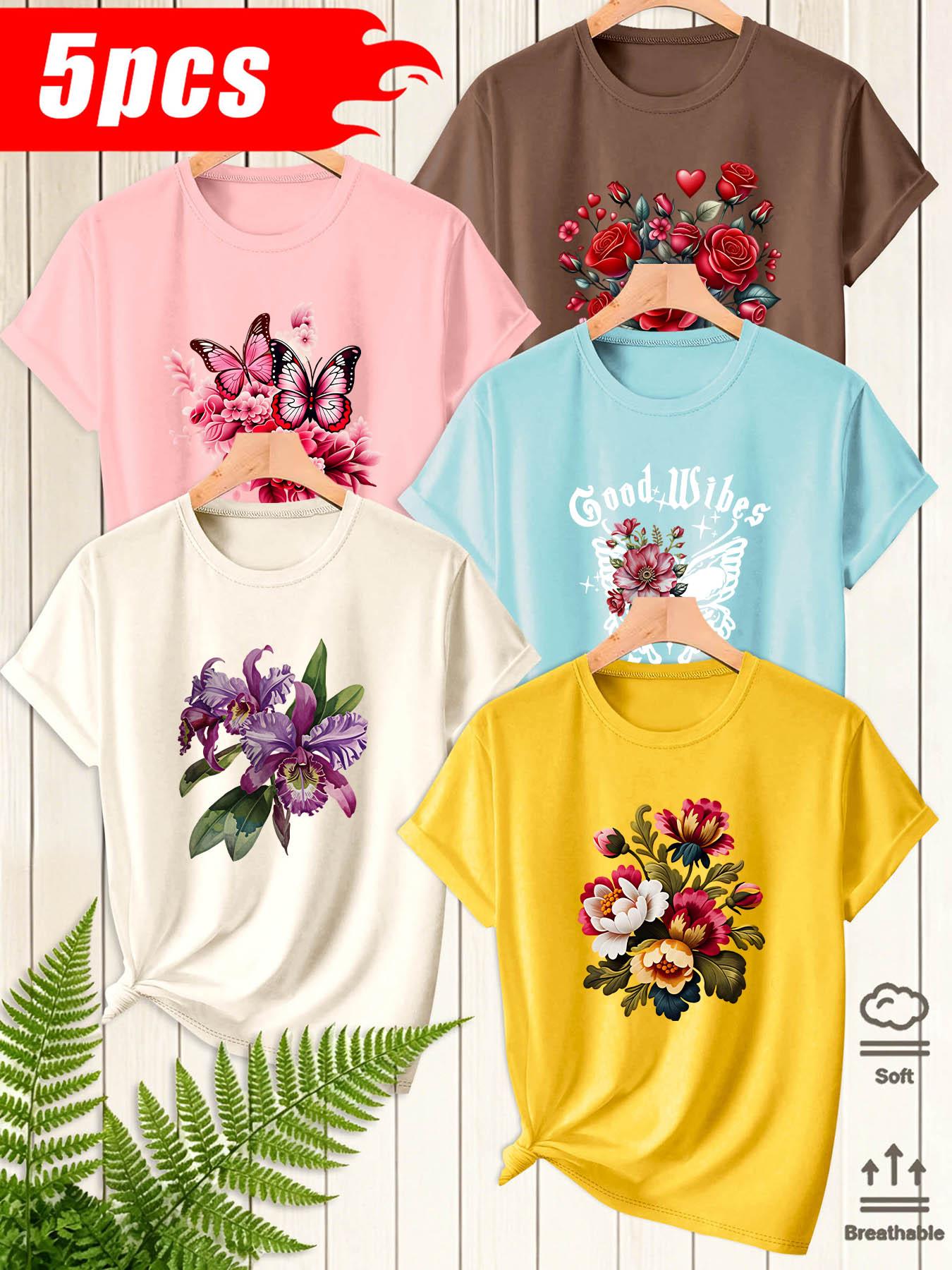 5Pcs Women Crew Neck T‑Shirts, Flower & Butterfly Art Printed Patterns, Multiple Colors Available, Machine Washable Spring Summer Tops, Soft Skin‑Friendly Fabric, Daily Versatile Wear, Fashion Design Short Sleeve Tees