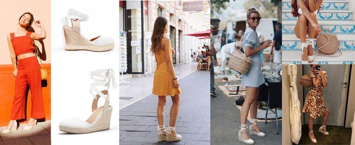 Coutgo Women's Espadrilles Wedge Sandals Platform Closed Toe Ankle Strap Lace Up Summer Shoes
