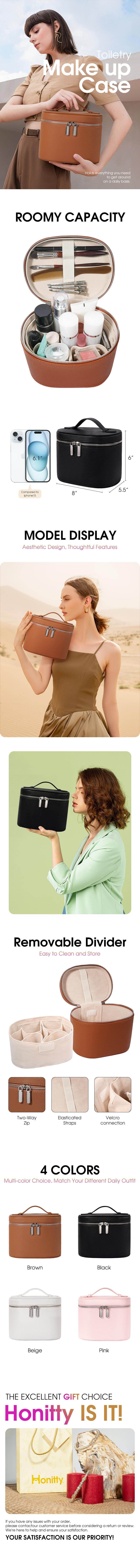 HONITTY Women's Compact PU Makeup Bag for Makeup Products - Waterproof Carry, Minimalist Look, Sleek, Dust-Free Plain Polyester Travel Organizer with Removable Customizable Compartments, Top Single-Handle Portable Compartment Make-Up Toiletry Pouch, Compa