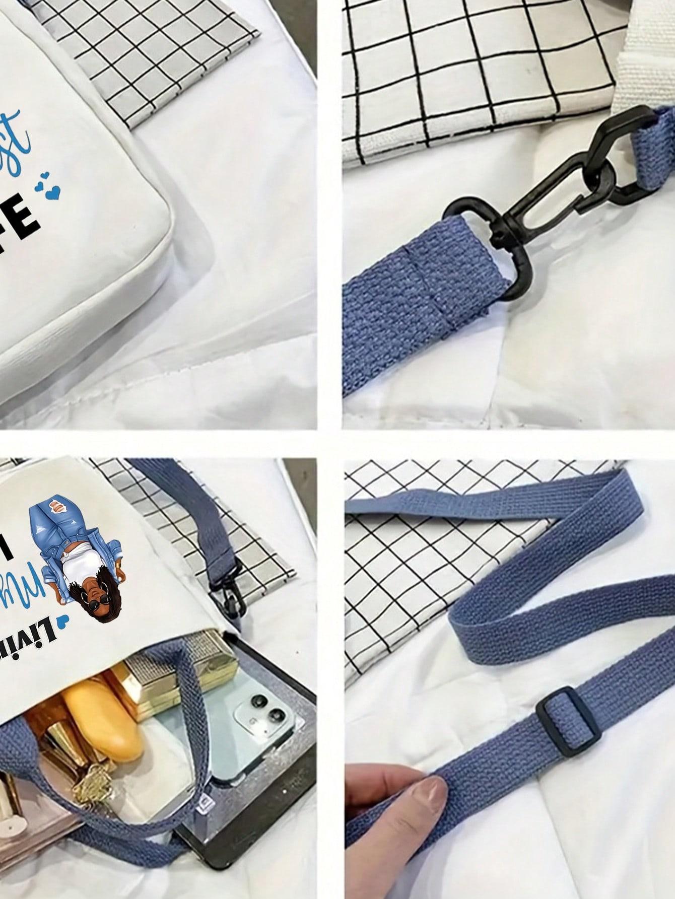 Blue Canvas Crossbody Bag, Personalized Handbag, Casual Shoulder Bag, Large Capacity, Foldable, Ideal for Travel, Gifts