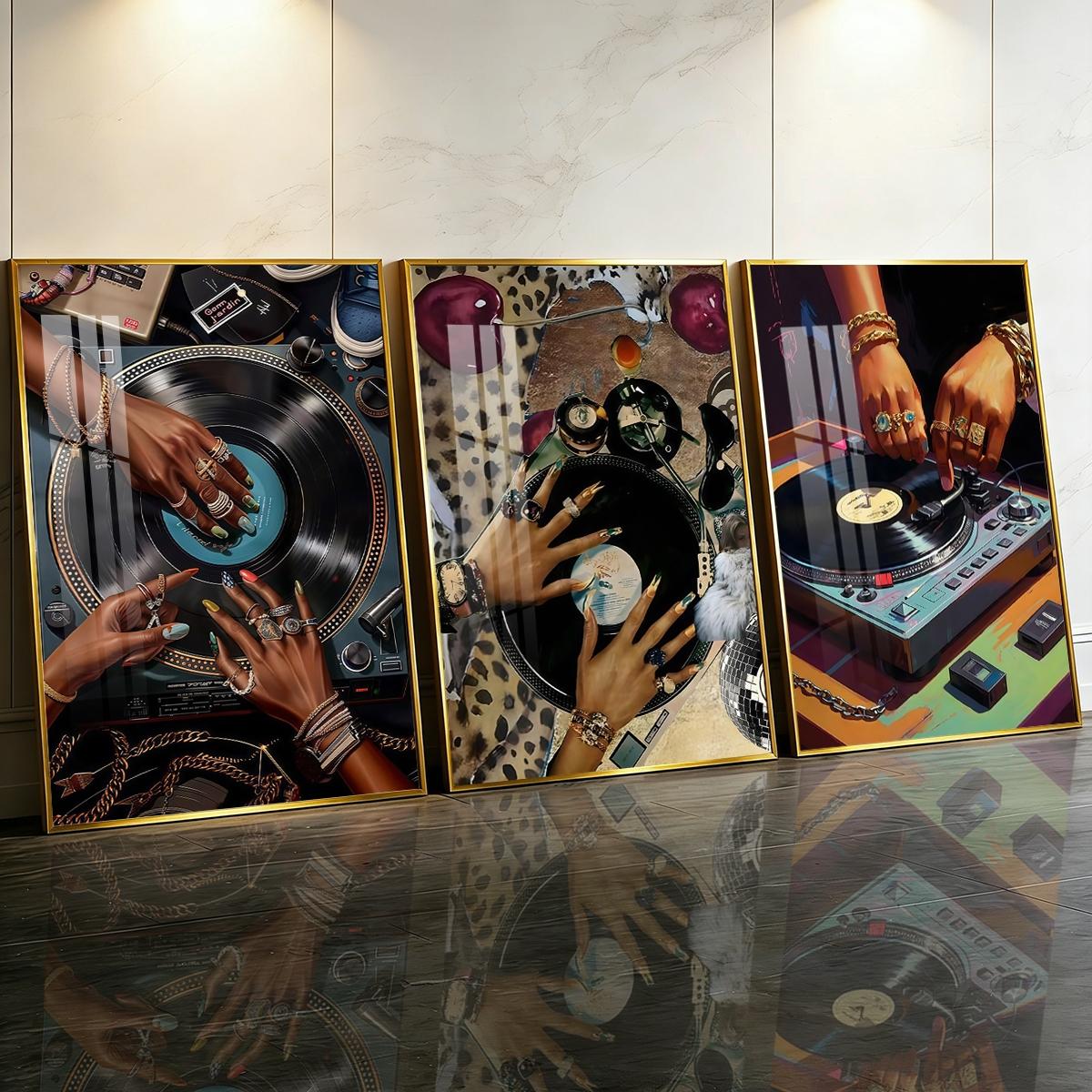 3 Counts Aluminum Alloy Framed Painting, Stylish DJ Vinyl Record Player Art Picture, Home Decoration For Living Room, Bedroom, Office, Restaurant, Hallway Wall Decor, Odorless Print Artwork, Luxury Perfect Gift For Friends And Family